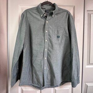 Men's Medium Chaps Green Gray Button Up Long Sleeve Textured Weave Cotton Shirt